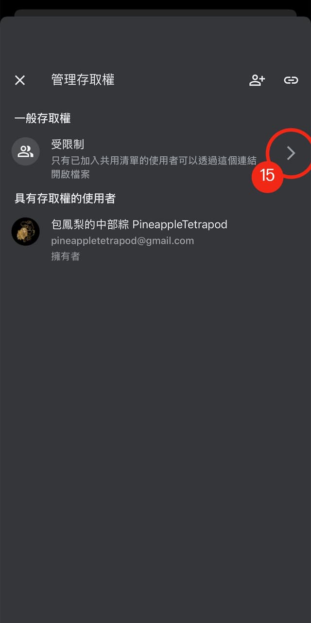 15. 點選一般存取權右側的「下一層按鈕」(大於符號)